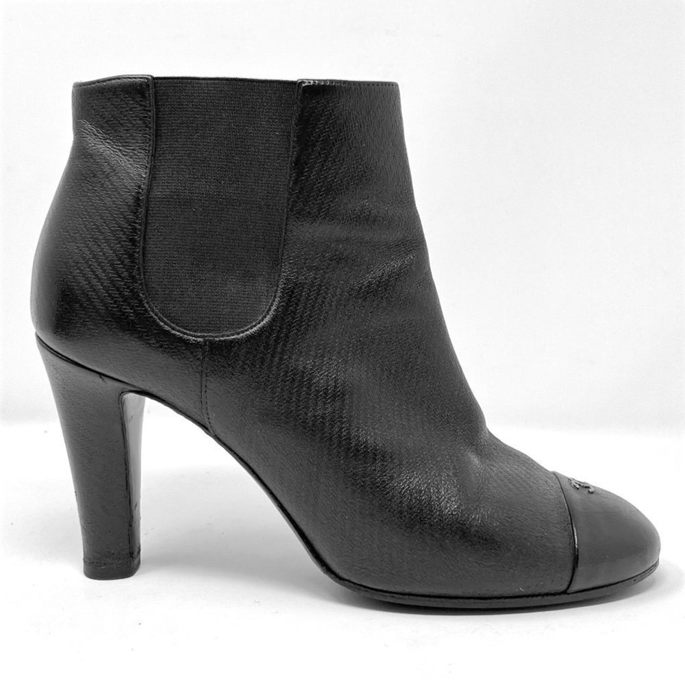 Chanel Black Leather Ankle Boots CC Logo Cap‎ Toe Heels 37.5 - Picture 3 of 11